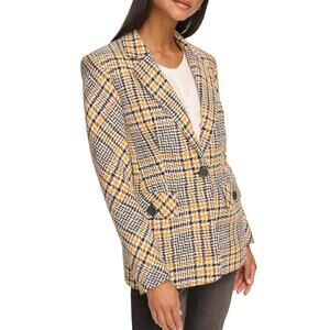 Karl Lagerfeld Paris Black Yellow Gingham Tweed Notch Lapel Blazer Women's 2 NWT